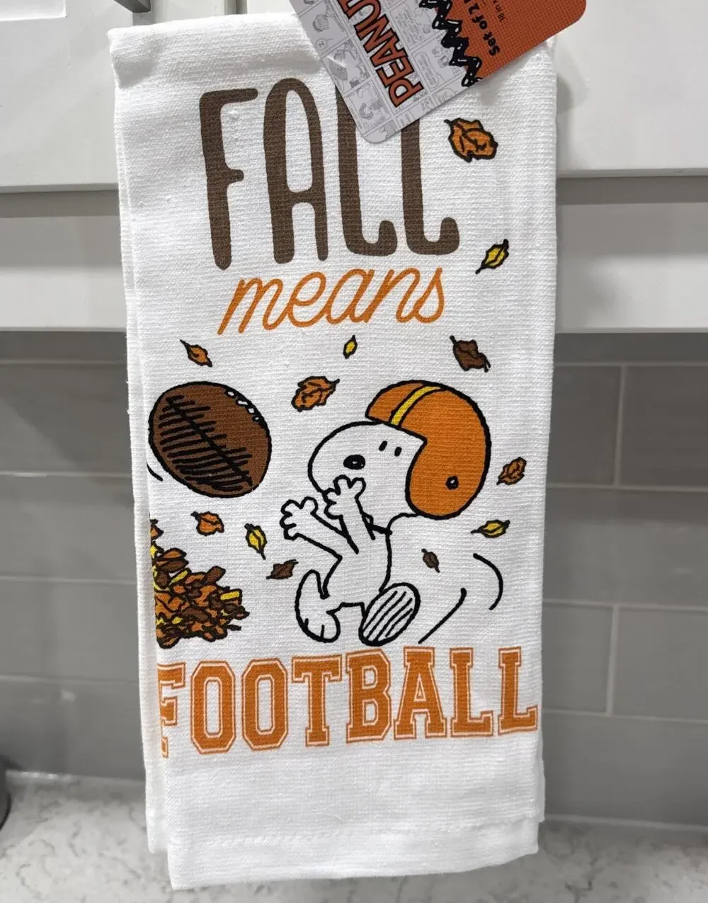 Set 2 Snoopy Peanuts FALL MEANS FOOTBALL Leaves Cotton Kitchen Towels NEW 2026